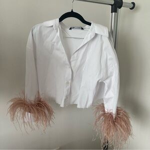 White Poplin Shirt with Pink Ostrich Feather Sleeves